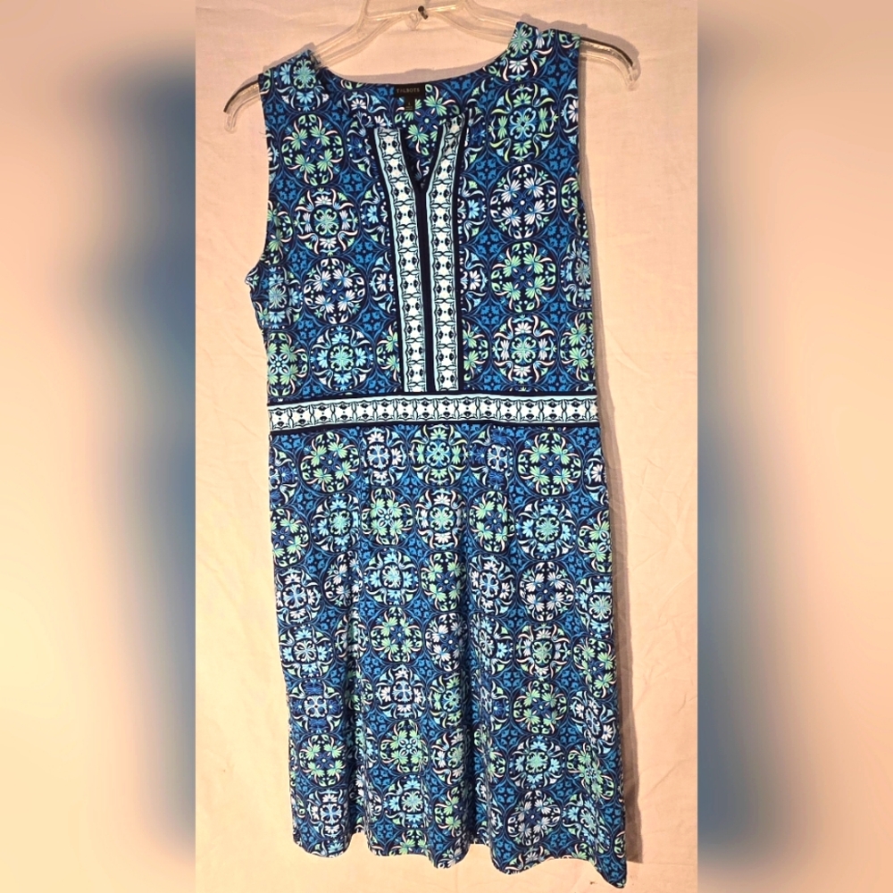 Talbots Blue Turquoise Floral Split Neckline Sleeveless Dress Stretch Large